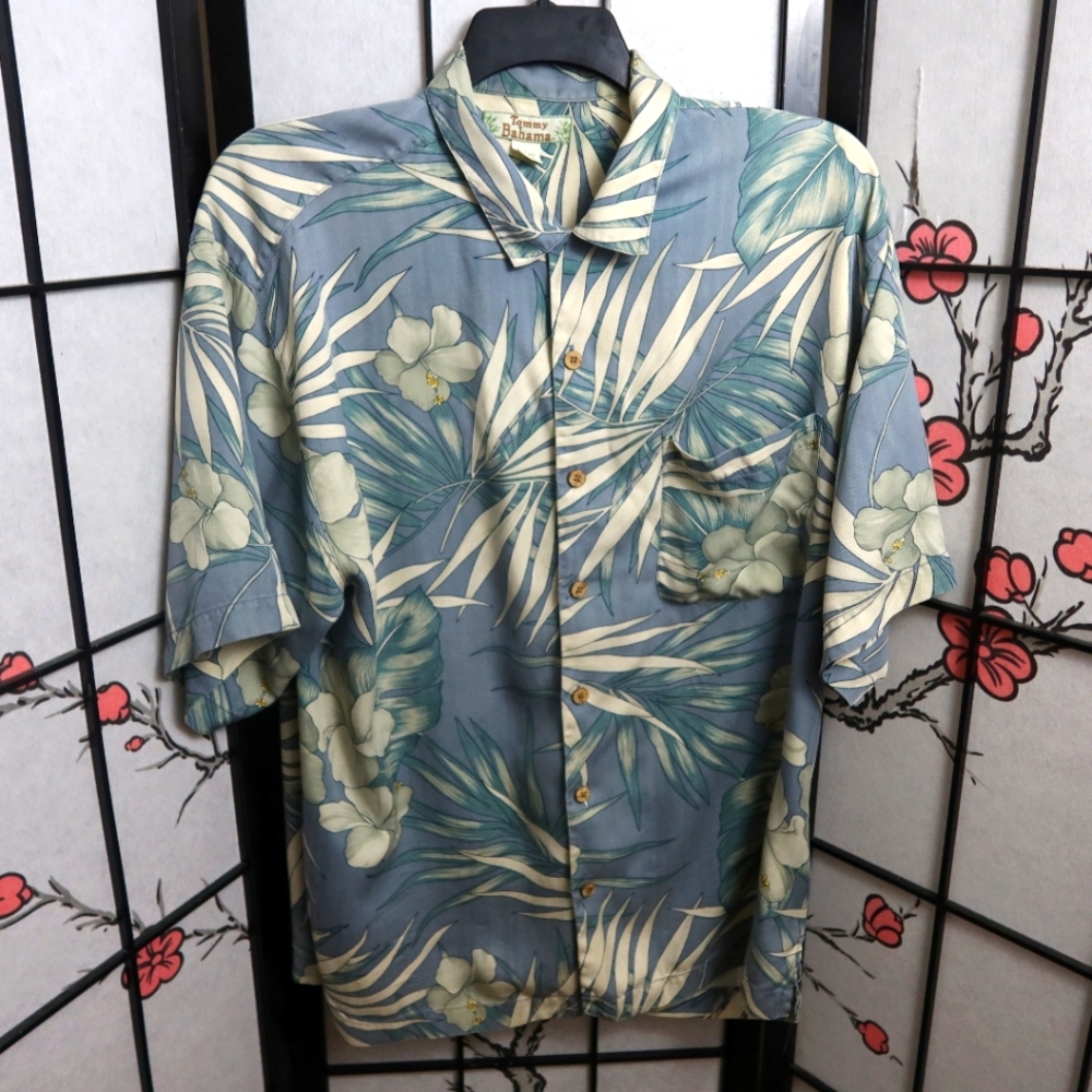 Tommy Bahama Silk Powder Blue And White Palm Leaves Button Down Hawaiian Shirt